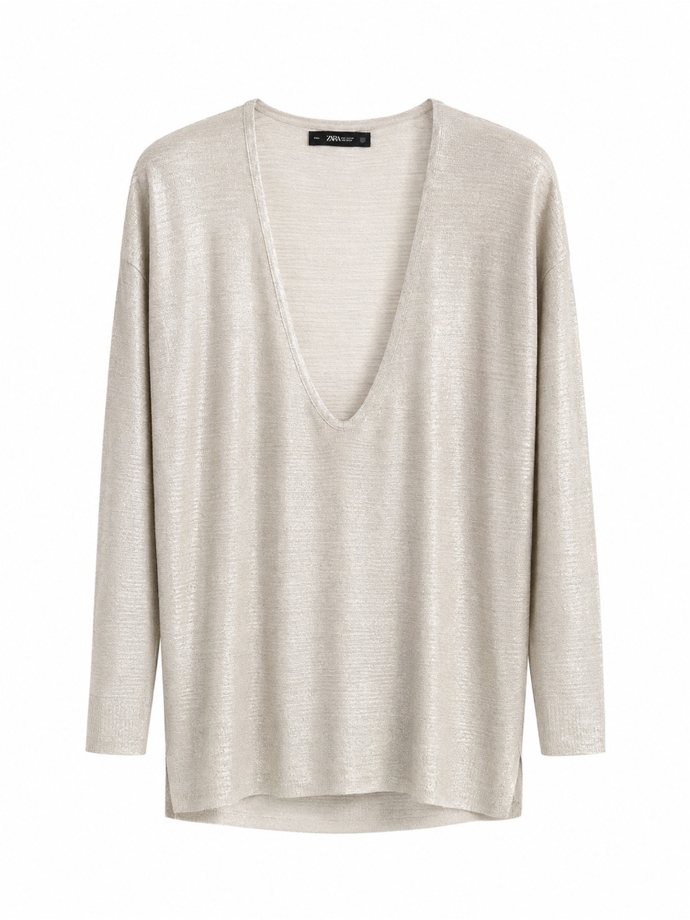 Zara Champagne Metallic V-Neck Long Sleeve Sweater